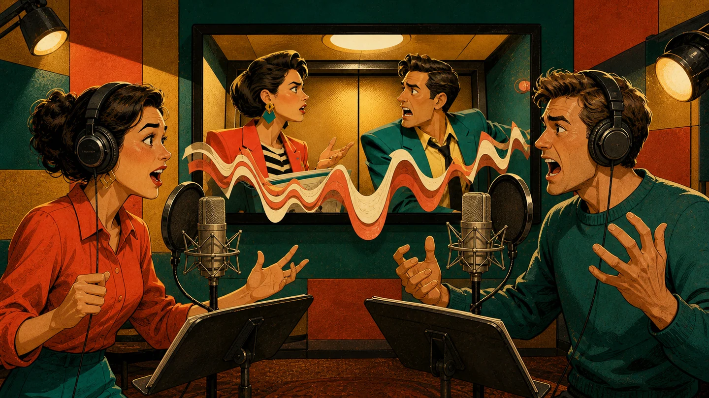 Two fictional performers recording voices for their generated elevator scene