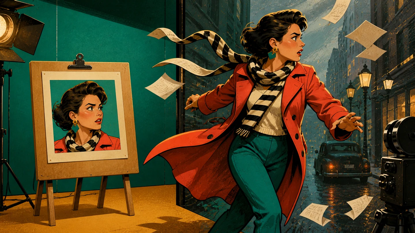 A start-frame portrait guiding the same fictional character into a moving cinematic scene