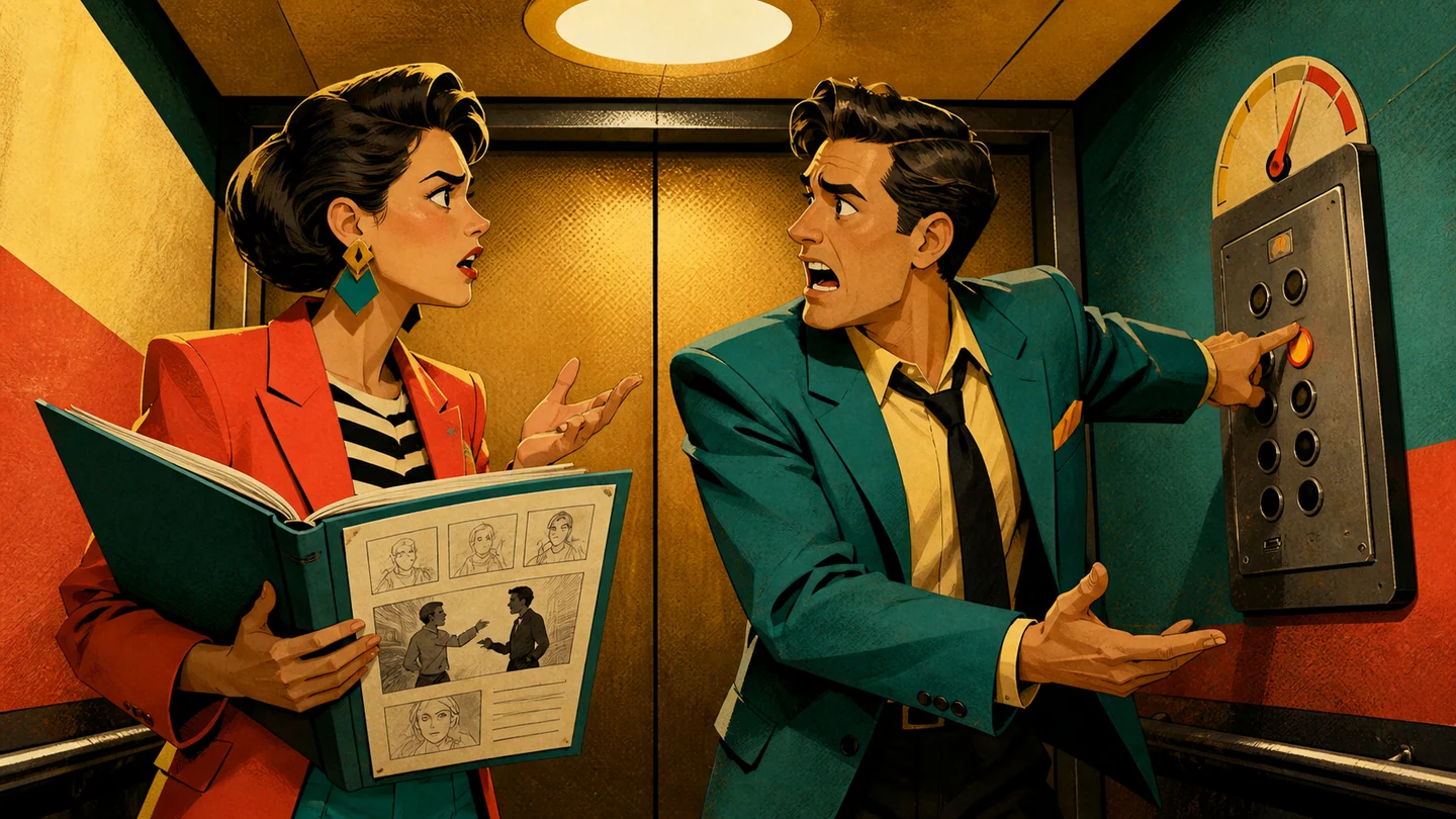 Two fictional rivals arguing inside a stopped elevator in an original generated scene