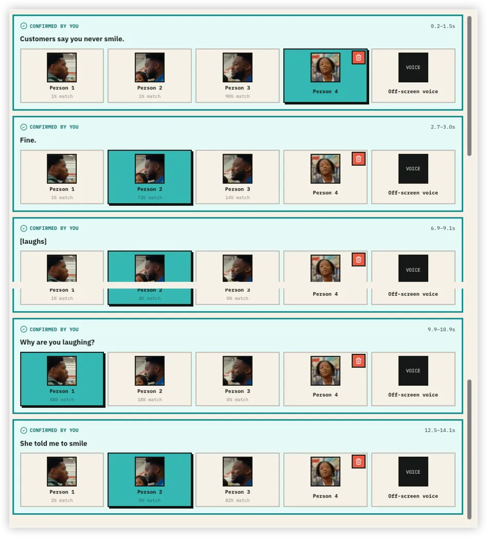 Character matching screen in a custom video dubbing game
