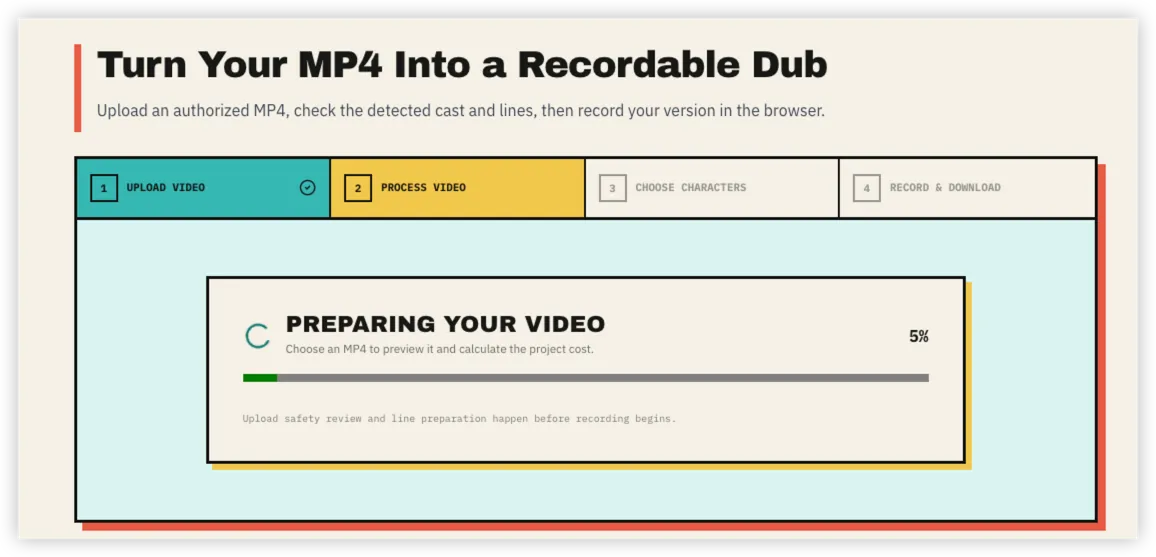 Processing screen while a video dubbing game prepares dialogue