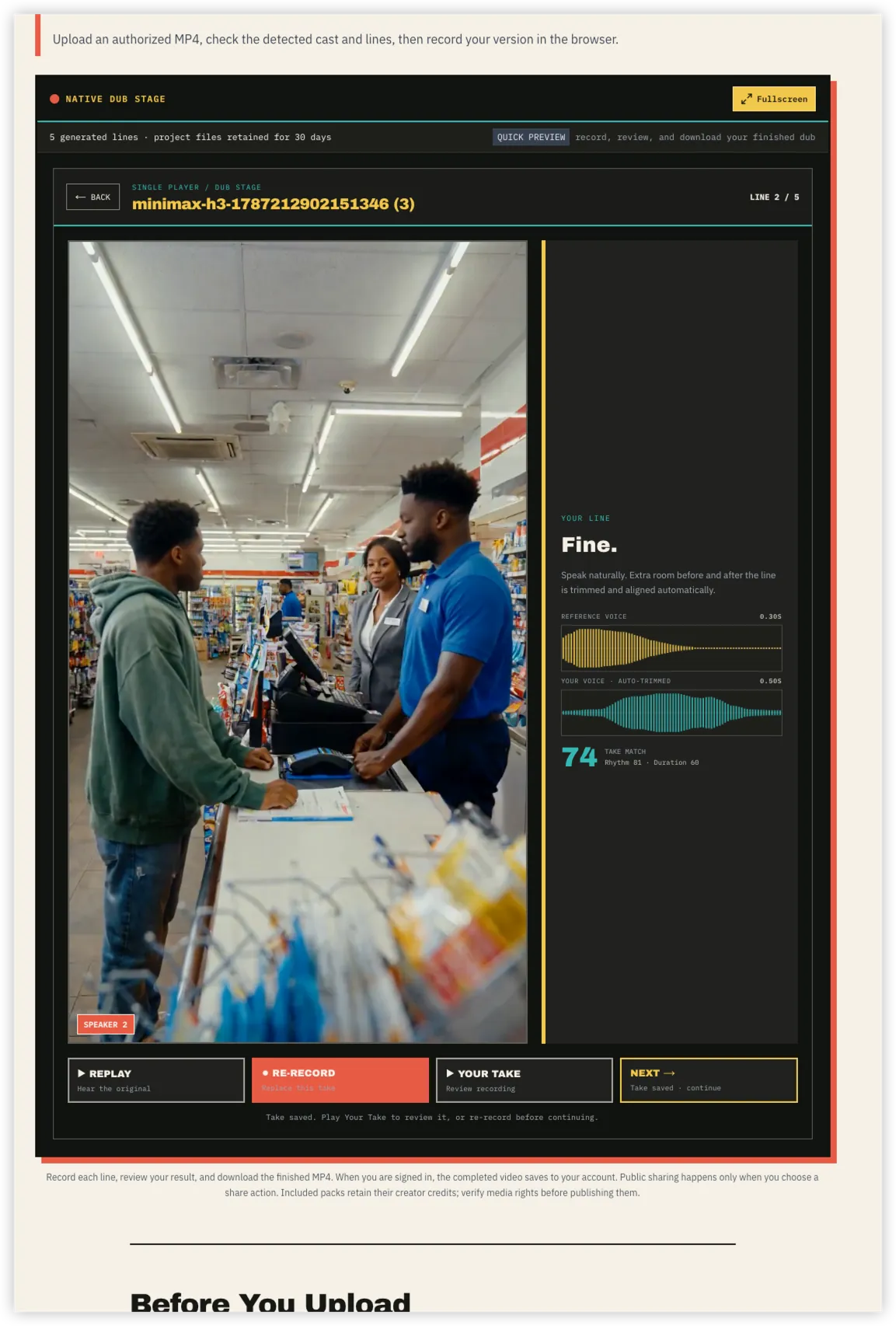Line recording screen for a completed video dubbing game project