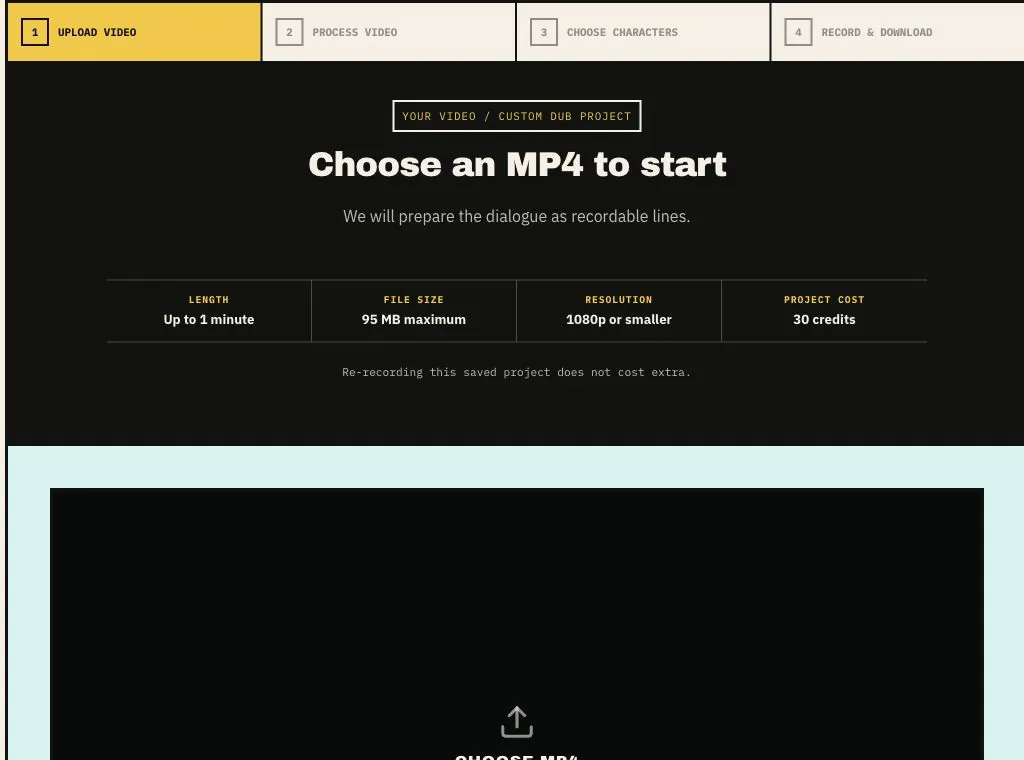 Upload screen used to start a custom video dubbing game