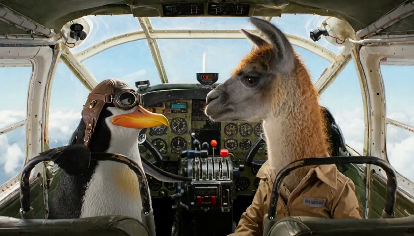 A penguin pilot and a worried llama inside an airplane cockpit