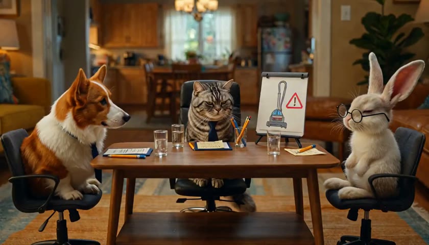 A cat, corgi, and rabbit holding a formal board meeting