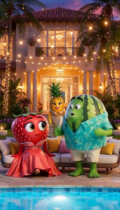 A strawberry, watermelon, and pineapple arguing beside a tropical villa pool