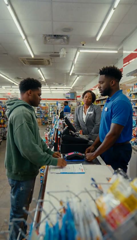 A convenience-store cashier laughing after a customer payment is declined