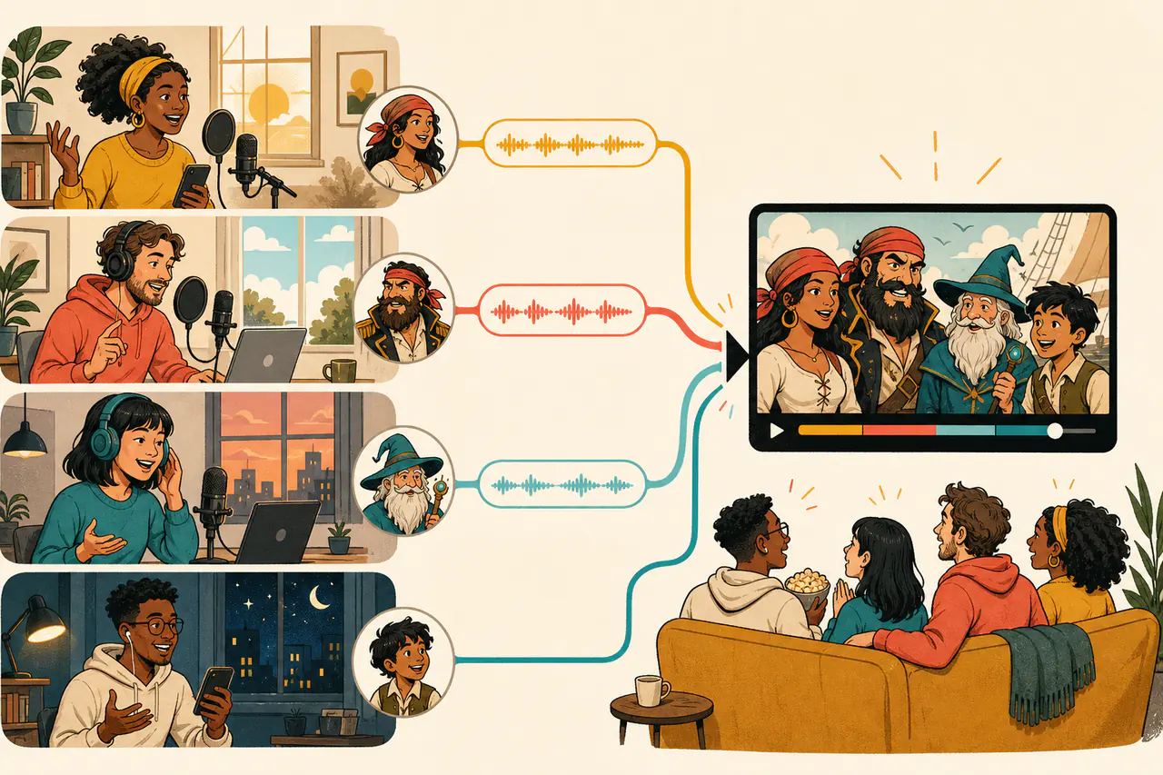 Illustration of four people recording character lines at different times before their performances become one shared group dub