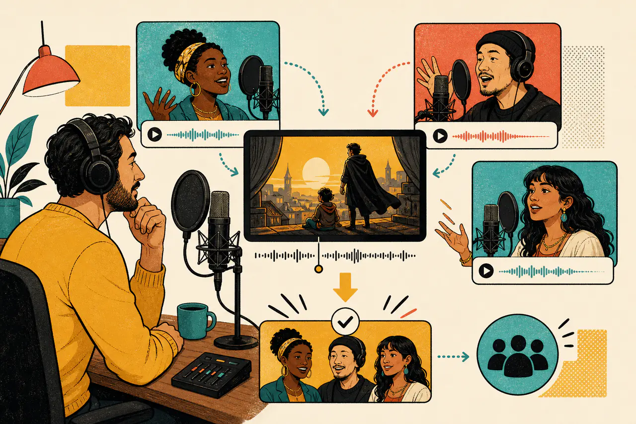 Illustration of a room host listening to several voice auditions before choosing a multiplayer dubbing cast